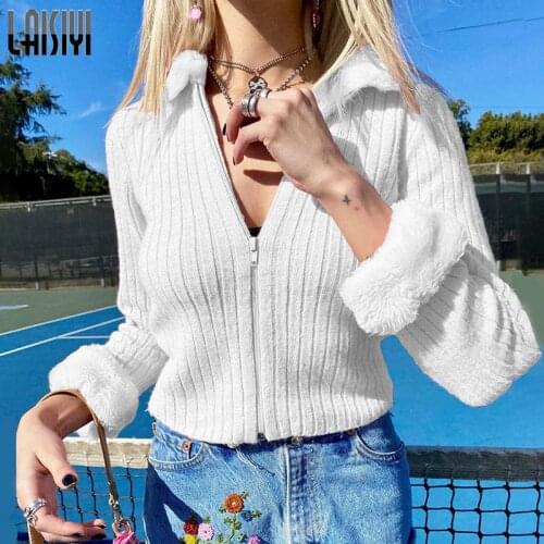 Cardigan Faux Fur Zip Top Sweater For Women Fall Winter Harajuku Style Young Elegant RibbedTops jacket kawaii Y2K Womens Coat