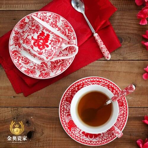 Chinese paper cut double happiness cup couple cup gift box coffee cup set birthday gift wedding gift