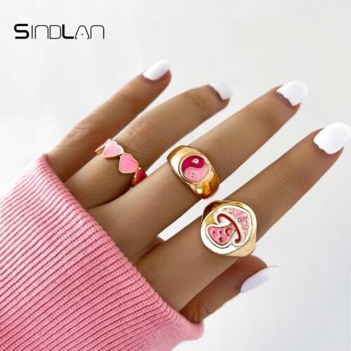Sindlan 3Pcs Kpop Pink Mushroom Tai Chi Rings for Women Cute Heart Crystal Stranger Things Female Y2k ZA Fashion Jewelry Anillos