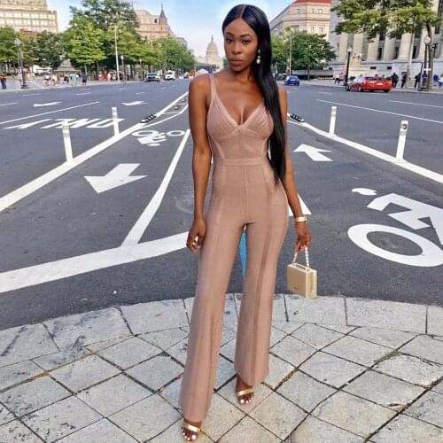 Pretty Coffee Double Strap Spaghetti Strap Wide Leg Ribbed-Knit V Neck Sleeveless Bandage Jumpsuit