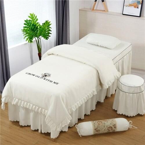 4 5 6 Pcs SPA Beauty Salon Pure Cotton Linen Embroidery Bedding Set Duvet Cover Pillowcase Customized Size White Grey Solid
