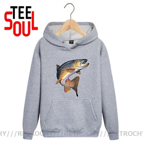 Retrochy Brown Trout Fishing Sweatshirts Hoodies Cool Casual Pride Winter Fleece Hoody Stylish Fashion Streetwear Pocket Hoodie