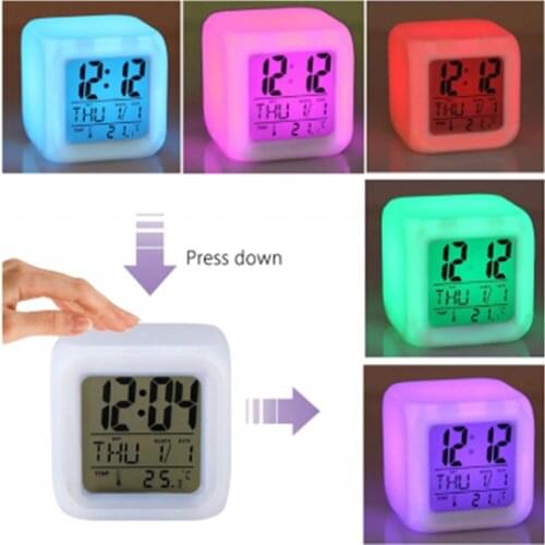Multifunction 7 Color Change LED Digital Alarm Clock With Date Alarm Thermometer Desktop Table Cube Alarm Clock Night Glowing