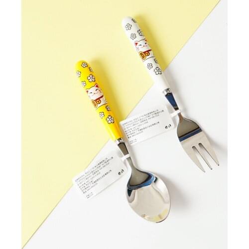 2PCS/Set Cutlery Set Ceramic Handle Stainless Steel Fork Spoon Kitchen Tableware Dinnerware Set Outdoor Picnic Mini Flatware