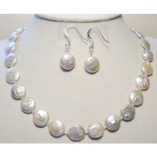 NEW 12-13MM WHITE COIN PEARL NECKLACE 18''EARRING SET