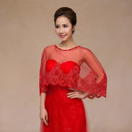 New Women Red Bolero Wedding Jacket 3/4 Sleeve Scoop Neck Lace Applique Wraps Bridal Jackets