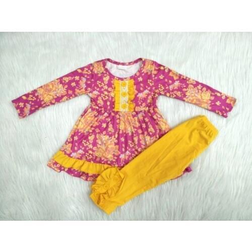 Wholesale/retail flower pattern outfits baby girls red long sleeve top+yellow cotton pants 2 pcs set childrens clothing gxj