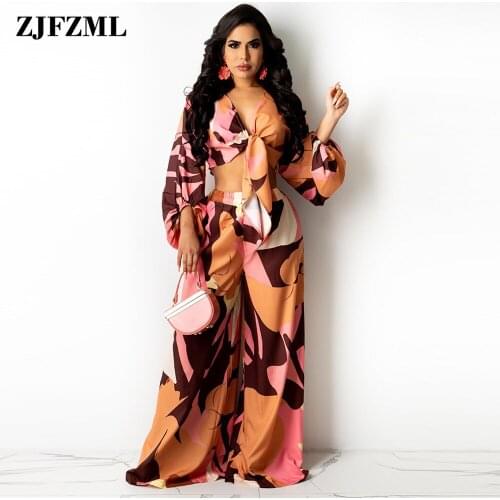 Beach Wear Art Print Two Piece Tracksuit Womens Sets Deep V Neck Long Sleeve Crop Top and Loose Wide Leg Trouser Co Ord Suits