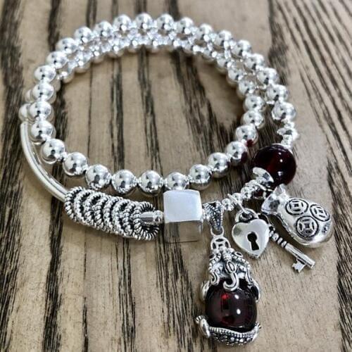 Handmade 925 Silver Fengshui Wealth Pixiu Beads Bracelet Sterling Beads Good Luck Bracelet Silver Beads Wrap Bracelet