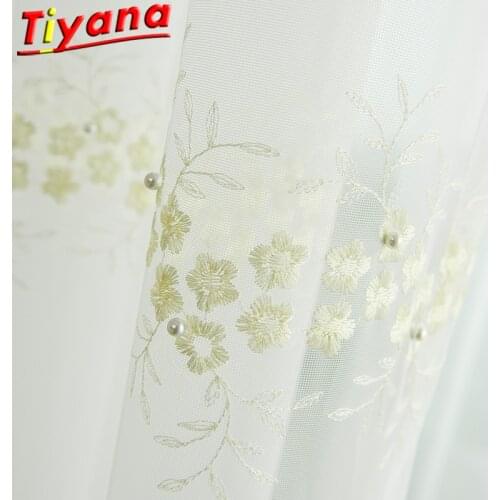 White Pearls Embroidery Curtains for Living Room Yellow/Pink/White Flowers Flowers Embroidery Window Drapes for Balcony *VT