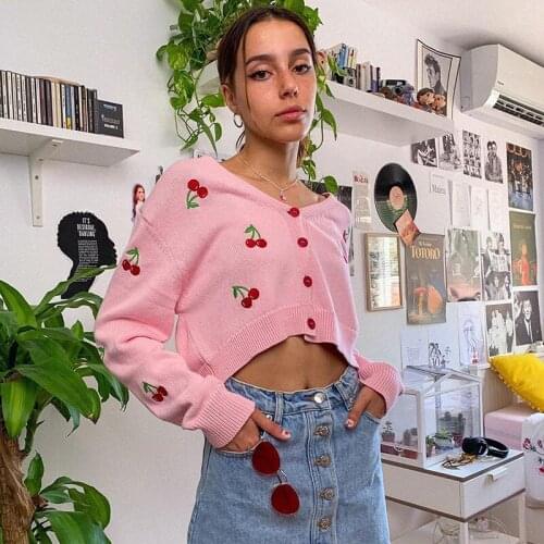 Cherry Embroidery Sweater Casual Women Knitted Sweater Cardigan V Neck Long Sleeve Casual Cute Single Breasted Chic Crop Top