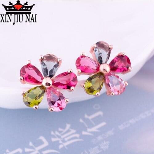 High Quality Women Colorful Crystal Stud Earring Flower AAA Cubic Zirconia Earrings Ear Jewelry for Women Wedding Party Gift