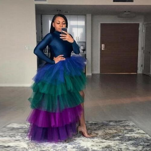 Custom Multi color High Low Long Tulle Skirts Tiered Female Tutu Skirt Fashion Ruffle Asymmetrical Women Skirts