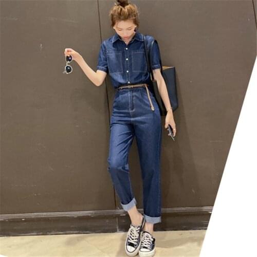 2021 Summer Skinny Jeans Jumpsuit for Women Vintage Streetwear Slim Casual Short Sleeve Denim Overalls One Piece Pants Sets