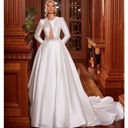 Long Sleeve Modest Wedding Dresses Jewel Neck Hollow Back Country Wedding Gowns A Line Custom Made Bridal Vestidos De Novia