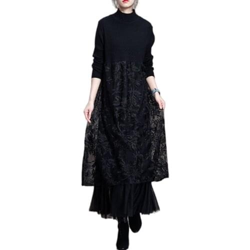 Autumn And Winter Women Knitting Embroidery Dress Long Sleeve Loose Lace Splicing Dress Half High Collar Pullover Long Dress