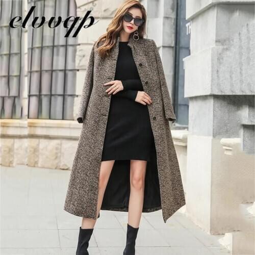Winter Warm Female Woolen Coats Turn-down Collar Single-breasted Pocket Belted Women Blend Coats 2020 New Women Long Coat Lu1412