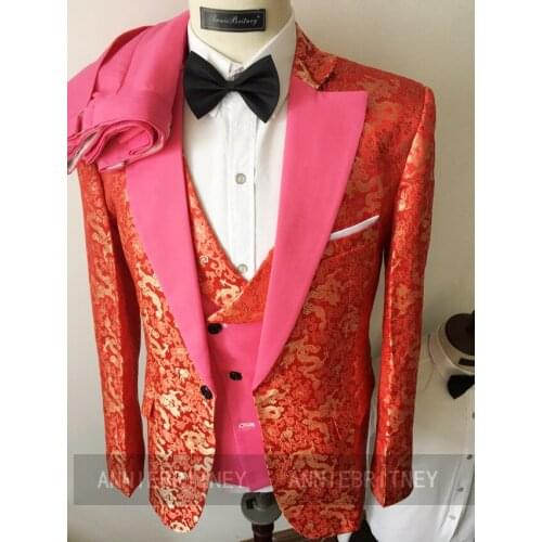 Tailored Made Shiny Suit Men Slim Fit Performance Floral Printed Blazer Fuchsia Vest Pants 3Pcs Fashion Groom Wedding Tuxedo