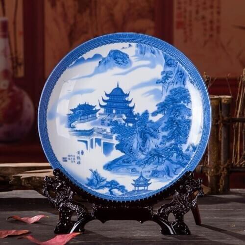 Antique Inmitation Artistic Blue and White Porcelain Decoration Plate / Dish with Chinese Historical Spot / Building Painting