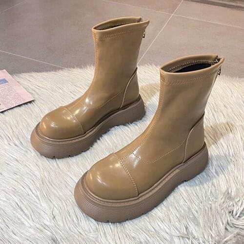 Chelsea boots new thick winter boots women PU leather ankle boots plush black women autumn fashion platform boots 2021