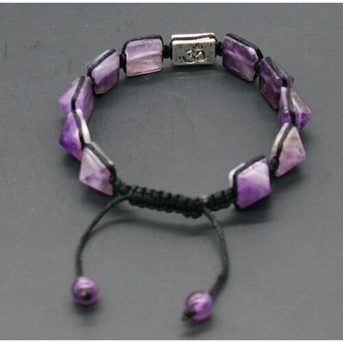 Kraft-beads Silver Plated OM 3D Symbol Connect Pyramid Natural Amethysts Stretchy Bracelet Stone Jewelry