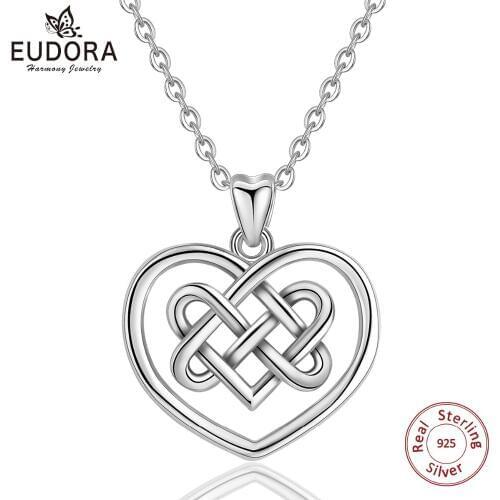 EUDORA 925 Sterling Silver Good Luck Irish Celtics love Knot Pendant Necklace Heart Charms For Women Girl Fine Jewelry Gift D306