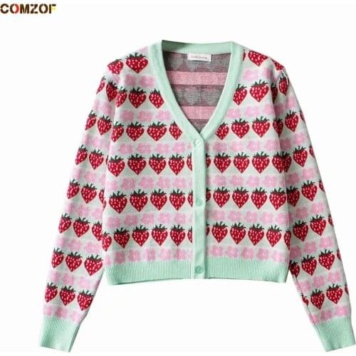 Harajuku Sweet Cardigan Women 2021 Autumn Long Sleeve Sweaters V-Neck Strawberry Knitting Tops Clothing Sueters De Mujer