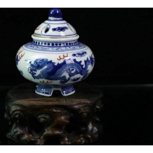 Chinese Old Porcelain Blue and White Glaze In Red Dragon Incense Burner Collection Ornaments Statues for Decoration