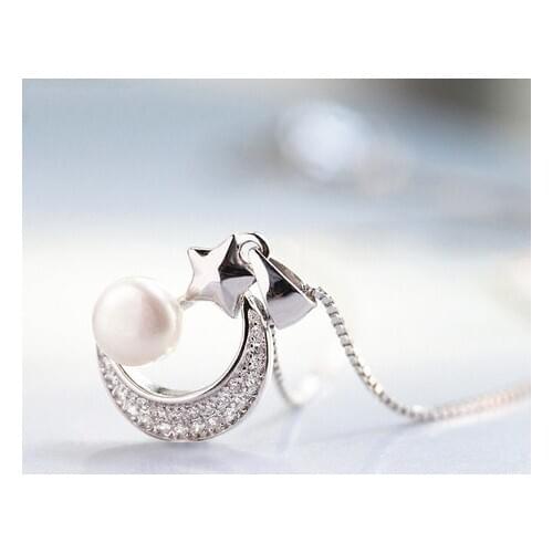 Cute Female Moon Star Zircon Pendant Necklace Fashion Silver Color Wedding Necklace Minimalist Love Long Necklace For Women