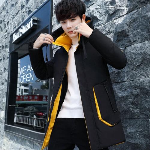 Men-Winter-Jacket Down Cotton Padded Thickened Slim Coat Medium Length Leisure Hooded Jacket-for-men Clothes Warm Windbreaker