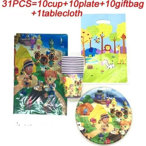 31pcs Animal Party Tableware Set Birthday Party Supplies Paper Plate Cups Kids Animal Crossing Birthday Decor Supplies Gift Bags