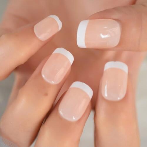 Glossy Nude White French False Nails Tips Full Cover Artificial Square Press on Fake Finger Wear Nail Art Pre Back Glue