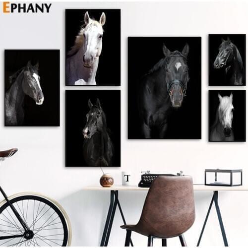Black and White Horse Wall Art Posters Wild Animal Canvas Print Modern Minimalist Painting Pictures for Living Room Home Decor