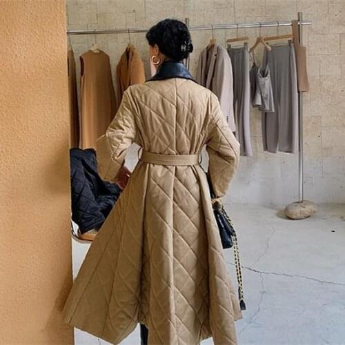 Effortless Neutral Black/Khaki Stitched Padded Patchwork Leather Double Breasted Belted A-Line Dress Suit Large Hoop Trench Coat