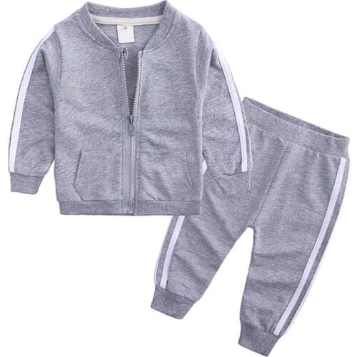 Autumn Baby Children Zipper Clothes Sets Boy Girl Long Sleeve Clothes Stripe Print Sweatshirt Coat Pants Trouser Costume Sets
