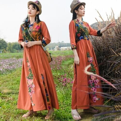 Chinese Style Beach Dresses 2020 Summer Boho Dress Bohemian Vestidos Sundress Robe Vintage Femme Embroidery Maxi Dress TA1969