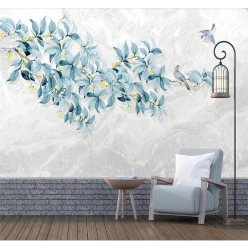 Custom wallpaper fashion hand-painted bird jazz white marble texture landscape background high-grade waterproof material