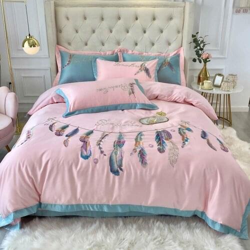 Svetanya Pink Feathers Embroidery Silk Cotton Bedlinens Bedding Set Sheet Pillowcase Duvet Cover