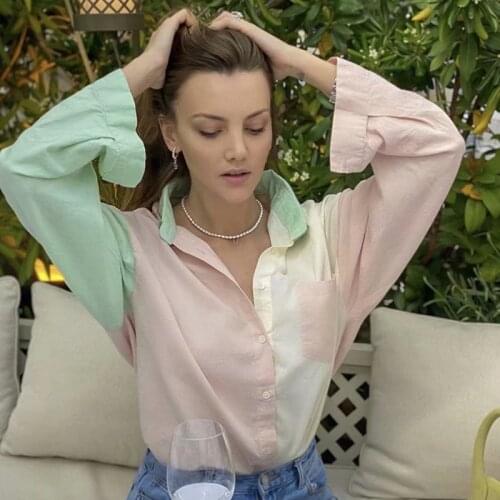 ZXQJ Vintage Women Loose Patchwork Shirts 2021 Summer Fashion Ladies Soft Cotton Shirt Oversize Girls Chic Pink Tops Sweet