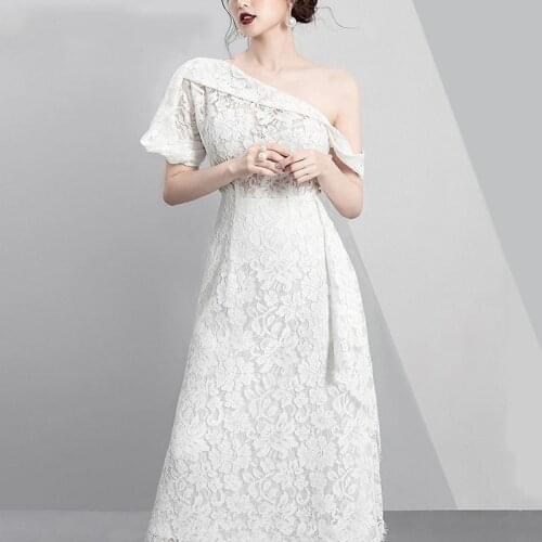 Sexy Elegant High Quality Lace Dress Women One Shoulder White Party Vestidos Female Office Ladies Ruffle Embroidery Long Dresses