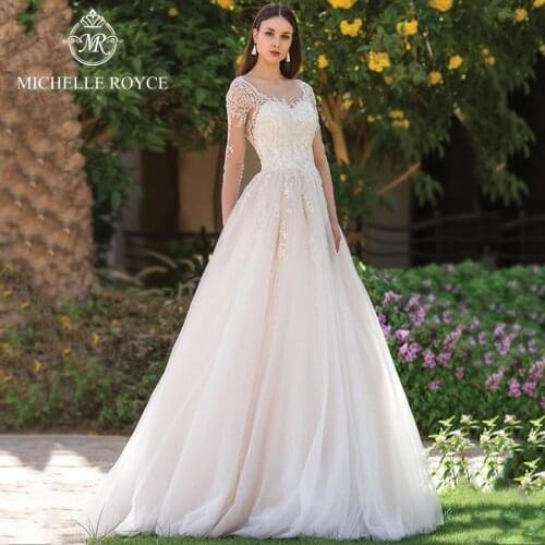 Michelle Royce A-Ling Wedding Dresses 2020 Sweetheart Long Sleeve Appliques Lace Vintage Button Court Train Vestido De Noiva