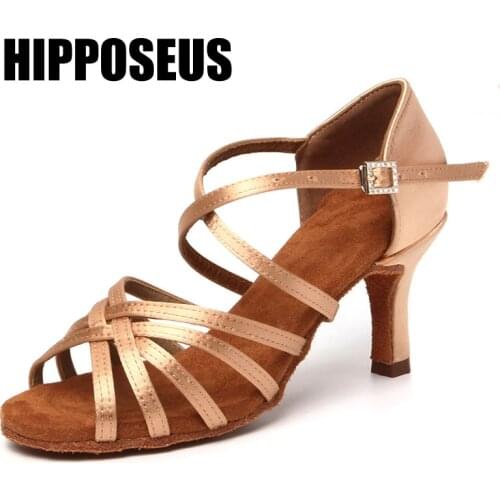 Hipposeus Latin Dance Shoes for Woman Girls Ladies Ballroom Modern Tango Dancing Shoes Rhinestone Buckle Practise Dropshipping
