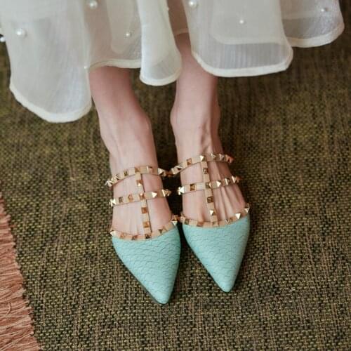 MEZEREON flat shoes cow leather fashion Slip On Women shoe with rivets ZAR Woman 2021 Summer sandals Pointed Toe zapatos mujer