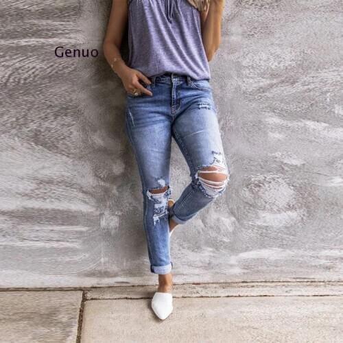 2020 Autumn Vintage Jeans Women Hole Hollow Out Bleached Cotton Blue Denim Pants Mujer Elasticity Skinny Push Up Pencil Pants