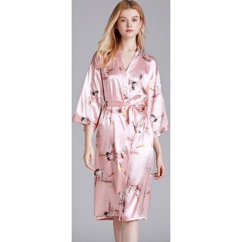 Roseheart Spring Fashion Sexy Women Robe Lingerie Sleepwear Faux Silk Printed Nightwear Plus Size M L XL Woven Robes Sashes