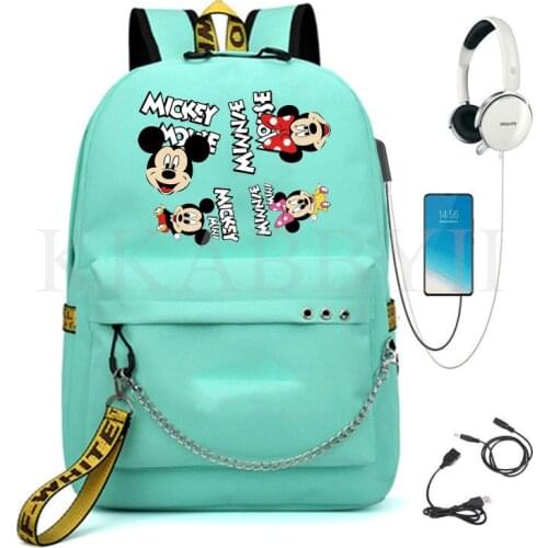 Disney Mickey Women USB Backpack Teenager School Bag Women USB Travel Rucksack Large Mochila Escolar With Chain