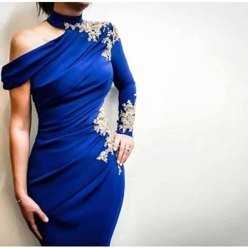Sexy Royal Blue High Collar Appliqued Champagne Lace Long Sleeve Mermaid Prom Dresses