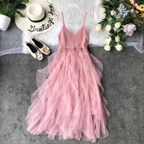 2019 Sexy Suspender Brassiere Mesh Dress Summer Knitted Stitching Playful Ruffled Gauze Patchwork Mid-calf Vestidos