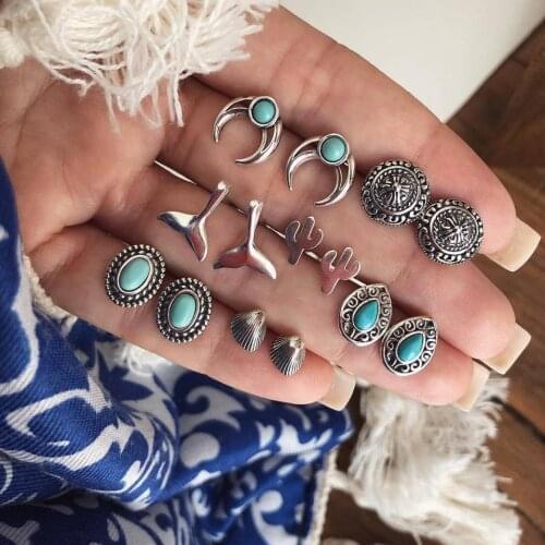 14 Pcs/Set Retro Moon Shell Cactus Water Drop Fishtail Flower Gem Silver Color Earring Set Women Party Fashion Jewelry