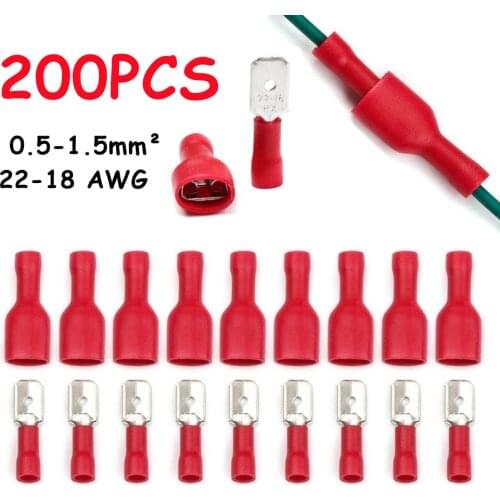 200/100PCS Female Male Cold Pressing Insulated Wire Cable Plug Red Electrical Wire Crimp Spade Lug Terminals Connector 22-18 AWG
